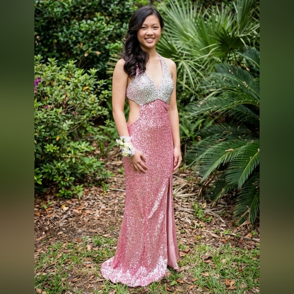 (6) Royal Queen Collection Pink Sequin Cutout Gown w Silver Beaded Bodice